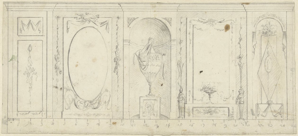 Projet de décoration de chambre avec cinq panneaux dont le central avec un vase ornemental - Abraham Meertens