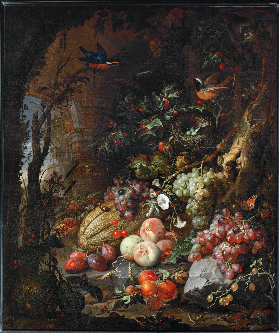 Fleurs, fruits, oiseaux et insectes dans un paysage avec ruines … - Abraham Mignon