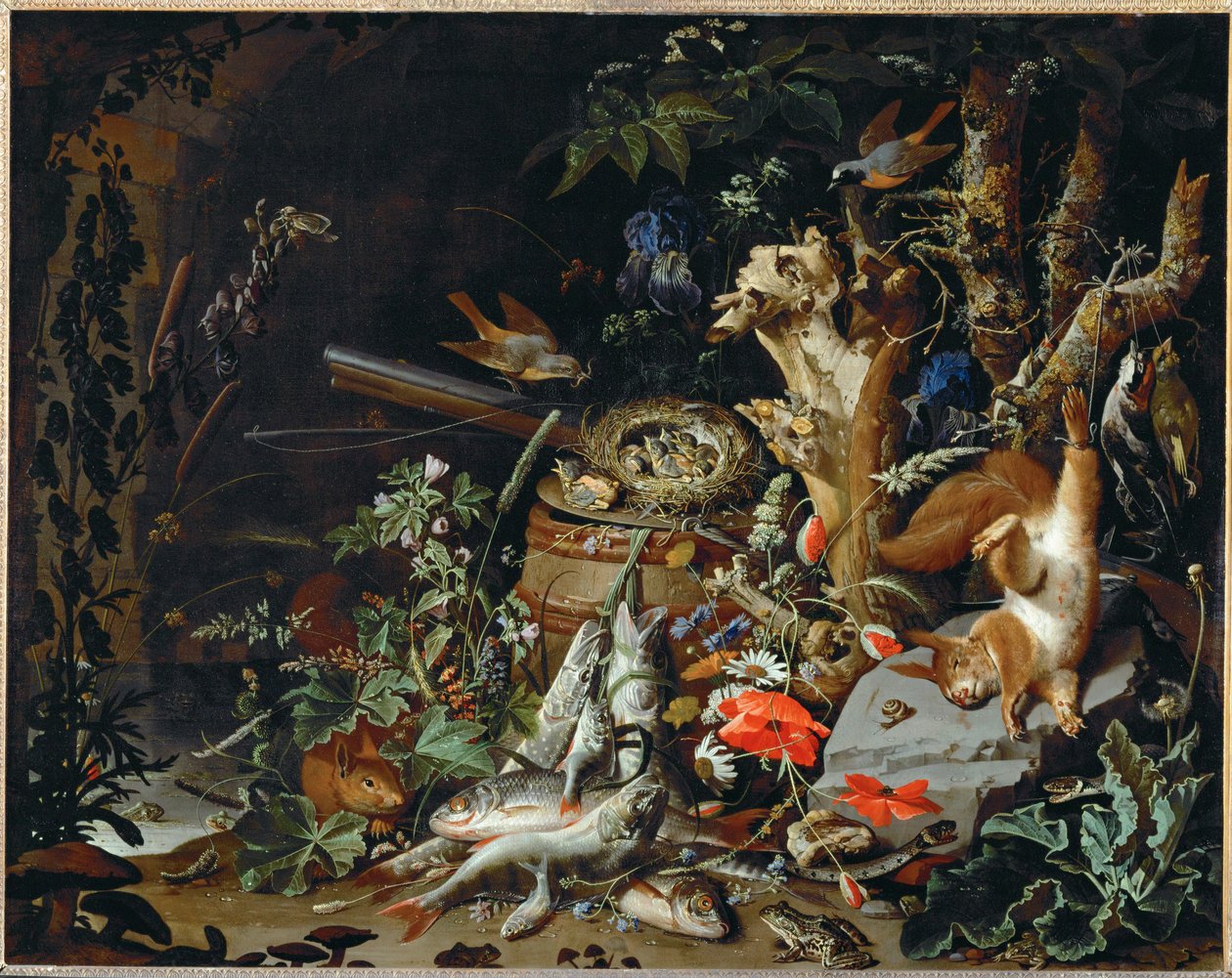 Le nid de pinsons - des poissons, des reptiles et un écureuil mort parmi les plantes et les arbres ... - Abraham Mignon