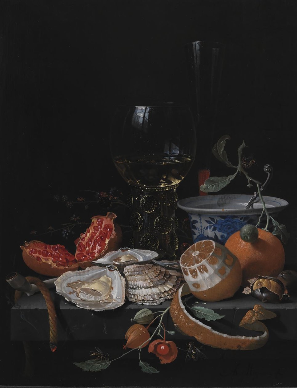 Huîtres, fruits et un verre de vin sur une table en pierre - Abraham Mignon