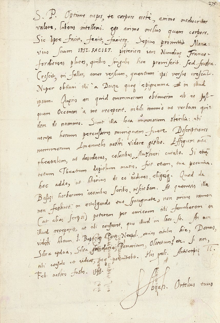 Lettre autographe signée à son neveu, Jacob Cool (Jacobus Colius), Anvers, 2 février 1595 - Abraham Ortelius
