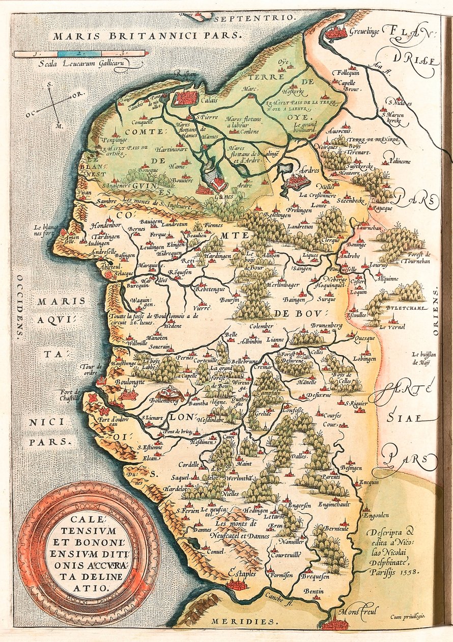 Caletensium et Bononiensium Ditionis Accurata Delineatio Carte géographique du territoire du Boulonnais, Artois et Flandre française (France) incluant les lieux de Calais, Arches, Greuelinge, Étaples et Montreuil... tirée du « Theatrum Orbis Terrarum » - Abraham Ortelius