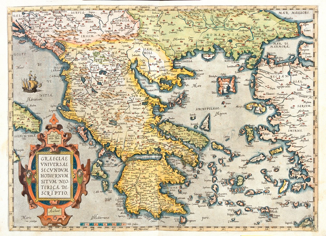 Croatie (comté : Dubrovnik-Neretva), sud de la Bosnie-et-Herzégovine, sud de la Serbie, sud de la Bulgarie, Monténégro, Albanie, Macédoine, Grèce, ouest de la Turquie - Abraham Ortelius