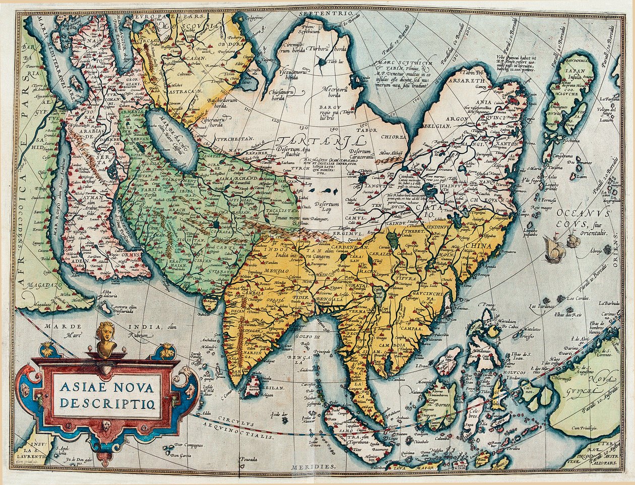 Description du continent asiatique, carte géographique du "Theatrum Orbis Terrarum" - Abraham Ortelius