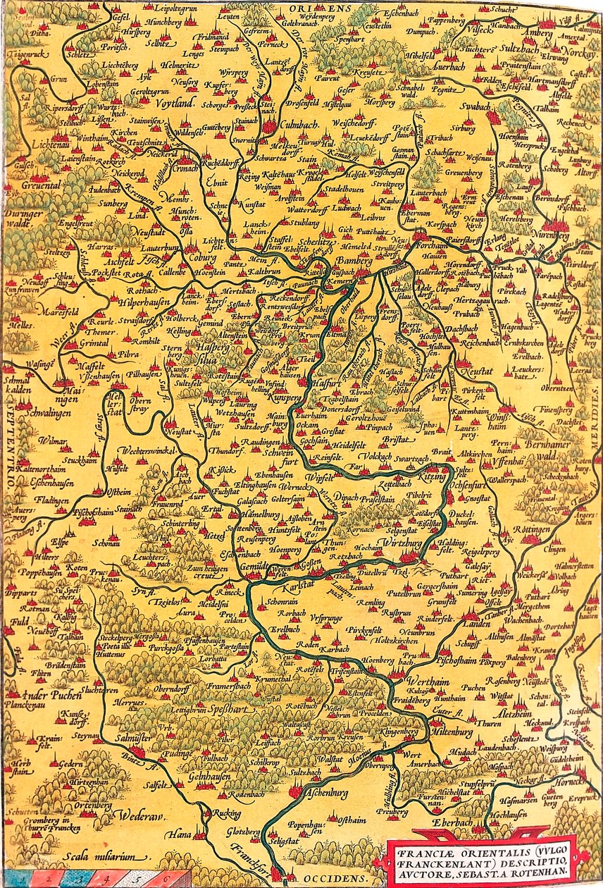 Franciae Orientalis (Vulgo/Franckenlant) Descriptio, Auctore, Sebast. A. Rotenhan Carte géographique du territoire de Franconie en Allemagne avec la ville de Francfort (également la ville de Karlstadt..) tirée de « Theatrum Orbis Terrarum » par Abraham Ort - Abraham Ortelius