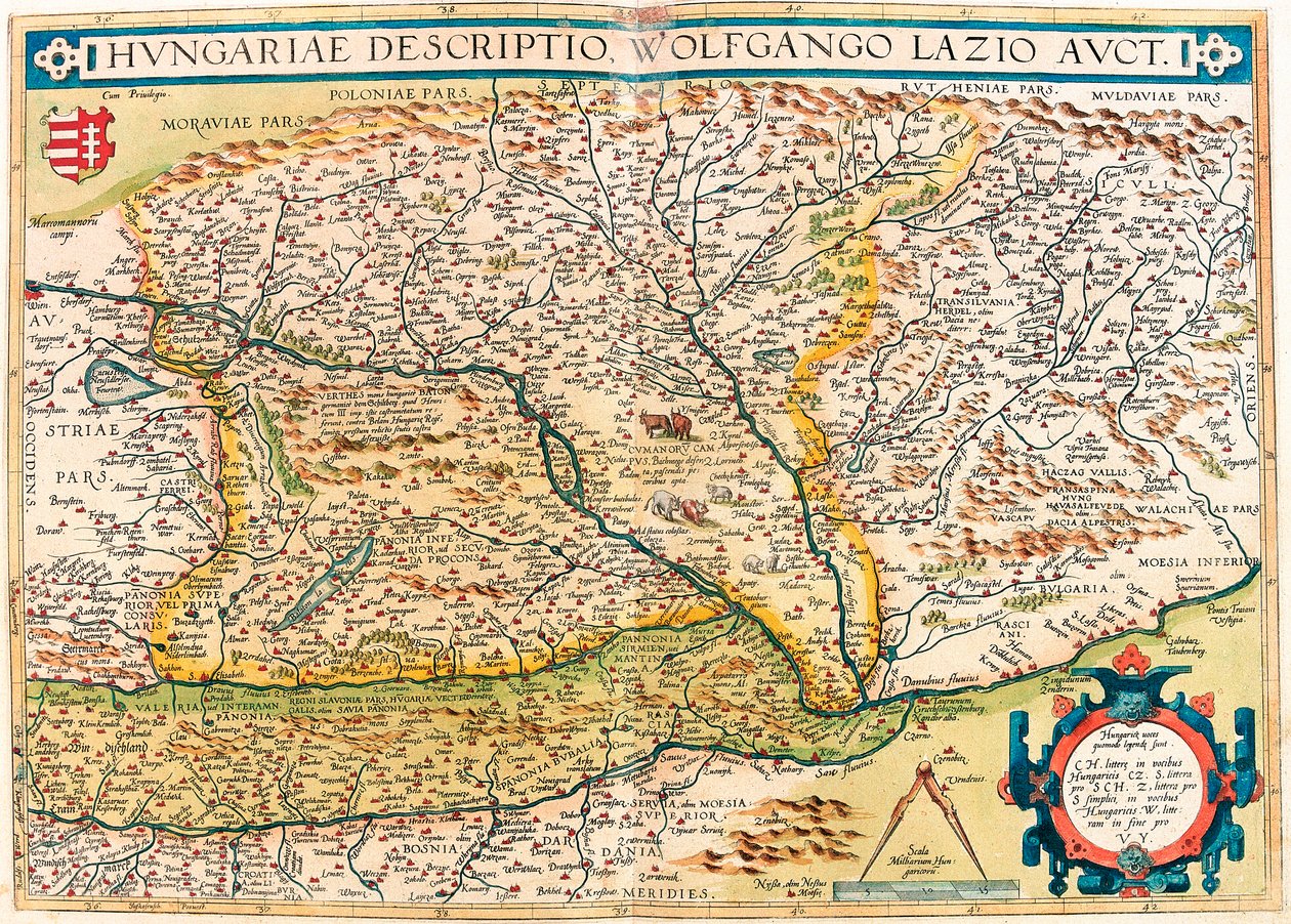 Hungarian Descriptio, Wolfgango Lazio Auct. Carte géographique du territoire de Hongrie de « Theatrum Orbis Terrarum » par Abraham Ortelius (Oertel, Ortell ou Ortel) - Abraham Ortelius