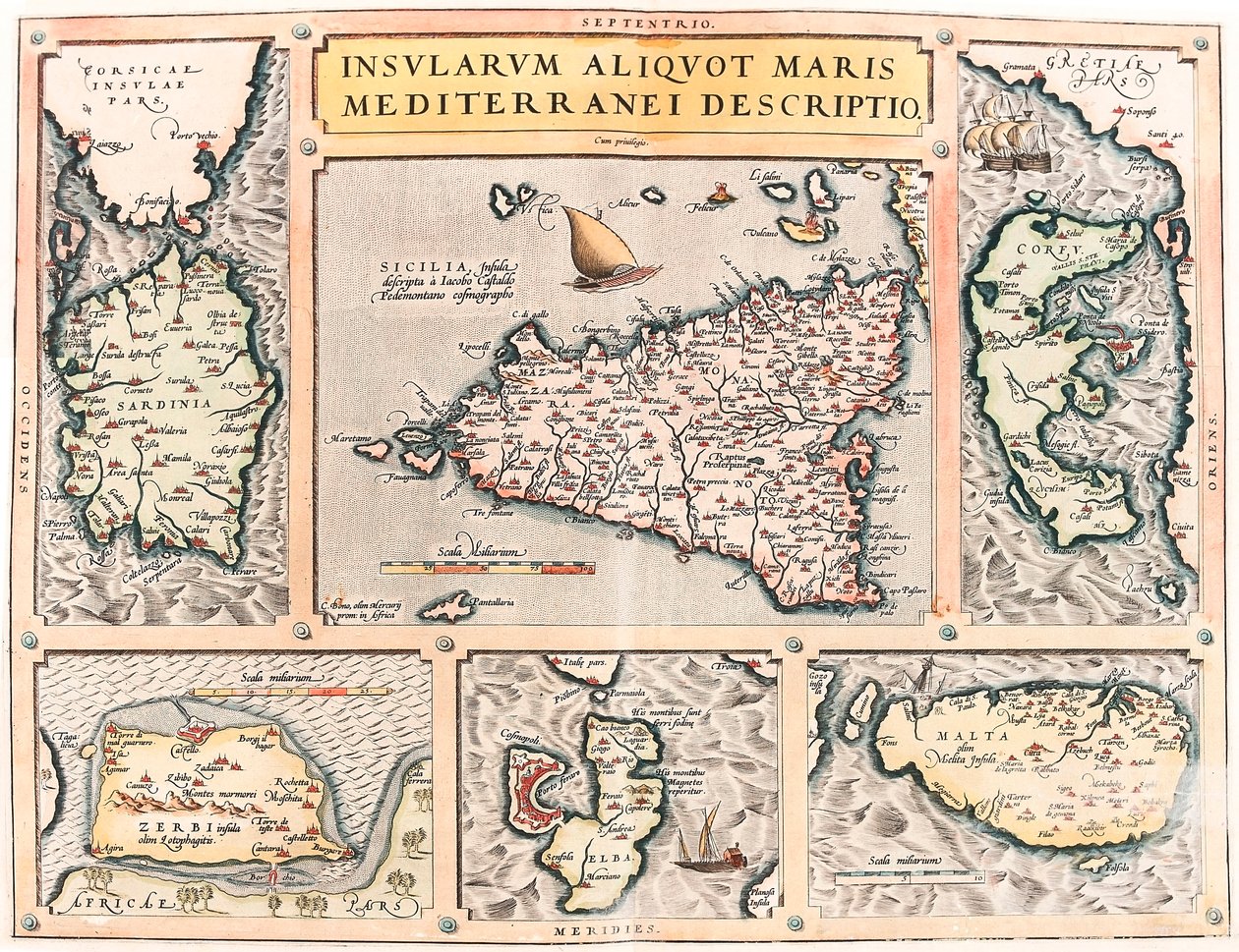 Insularum Aliquot Maris Mediterranei Descriptio. Carte géographique des îles méditerranéennes de Sicile, Sardaigne, Corfou, Malte, Djerba et Elbe du "Theatrum Orbis Terrarum" par Abraham Ortelius (Oertel, Ortell) - Abraham Ortelius