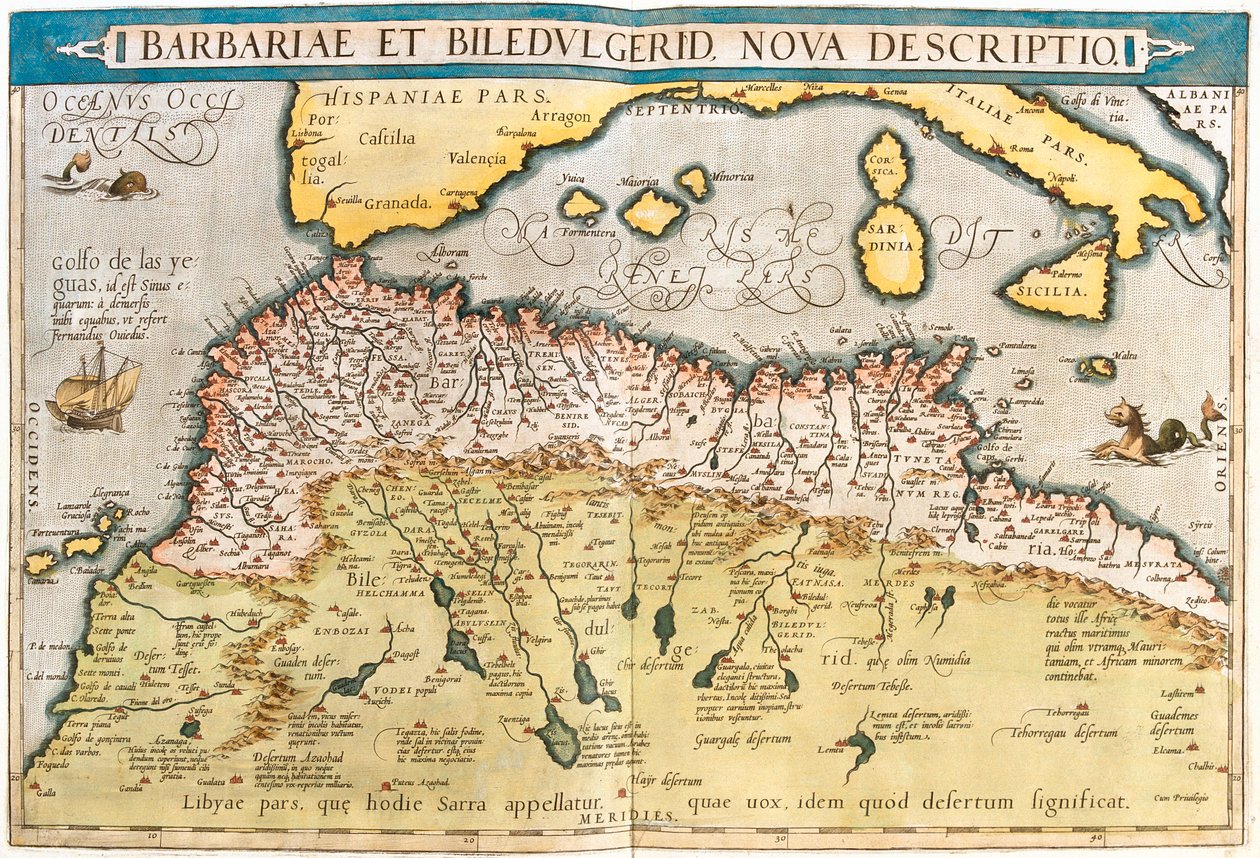 Maroc, Algérie, Tunisie, ouest de la Libye, Sahara occidental, Mauritanie, Sénégal, Mali, Niger - Abraham Ortelius