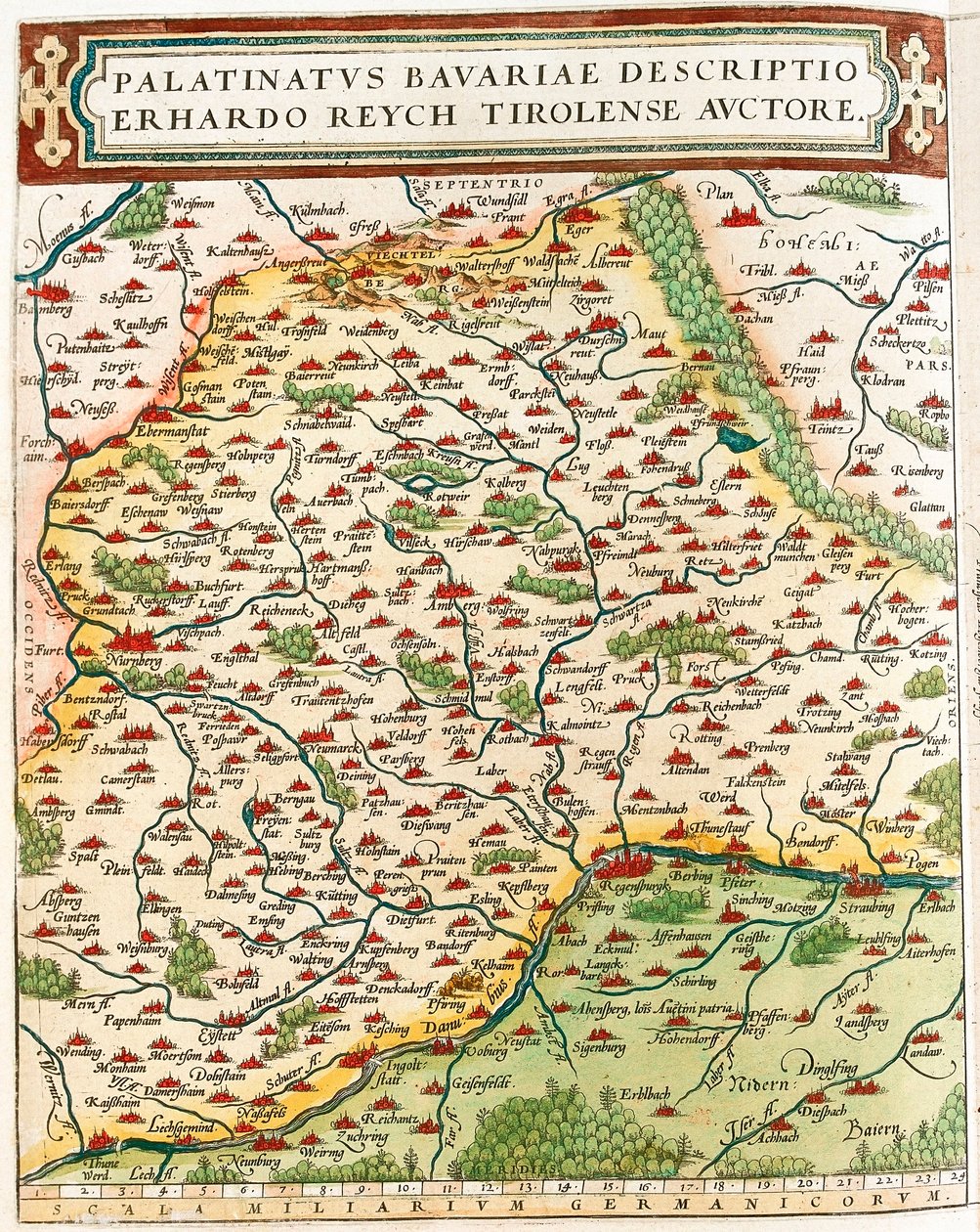 Palatinatus Bavariae descriptio Erhardo Reych Tirolense Auctore Carte géographique du territoire de Bavière en Allemagne de « Theatrum Orbis Terrarum » par Abraham Ortelius (Oertel, Ortell ou Ortel) - Abraham Ortelius