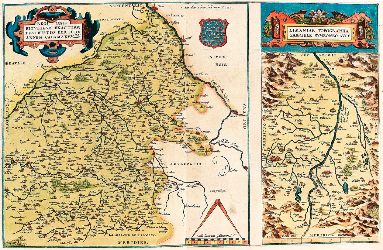 Regionis Biturigum accurss descriptio per D. Ioannem Calamaeum Carte géographique du territoire de Bourges et de la région du centre en Gaule (France) de « Theatrum Orbis Terrarum » par Abraham Ortelius (Oertel, Ortell ou Ortel) - Abraham Ortelius
