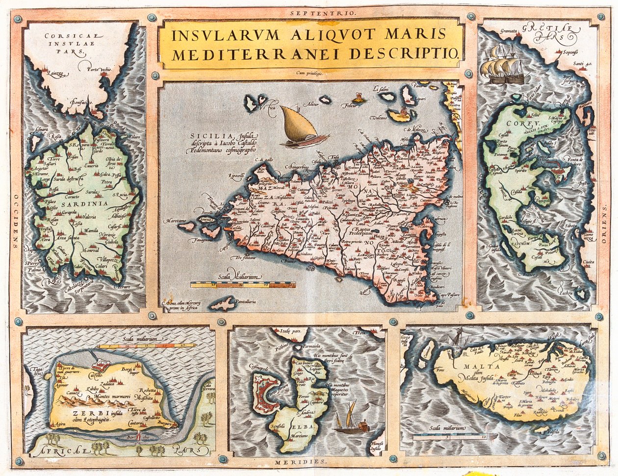 Sardaigne, Sicile, Corfou, Djerba, Elbe, Malte, Italie, Grèce, Tunisie, Malte - Abraham Ortelius