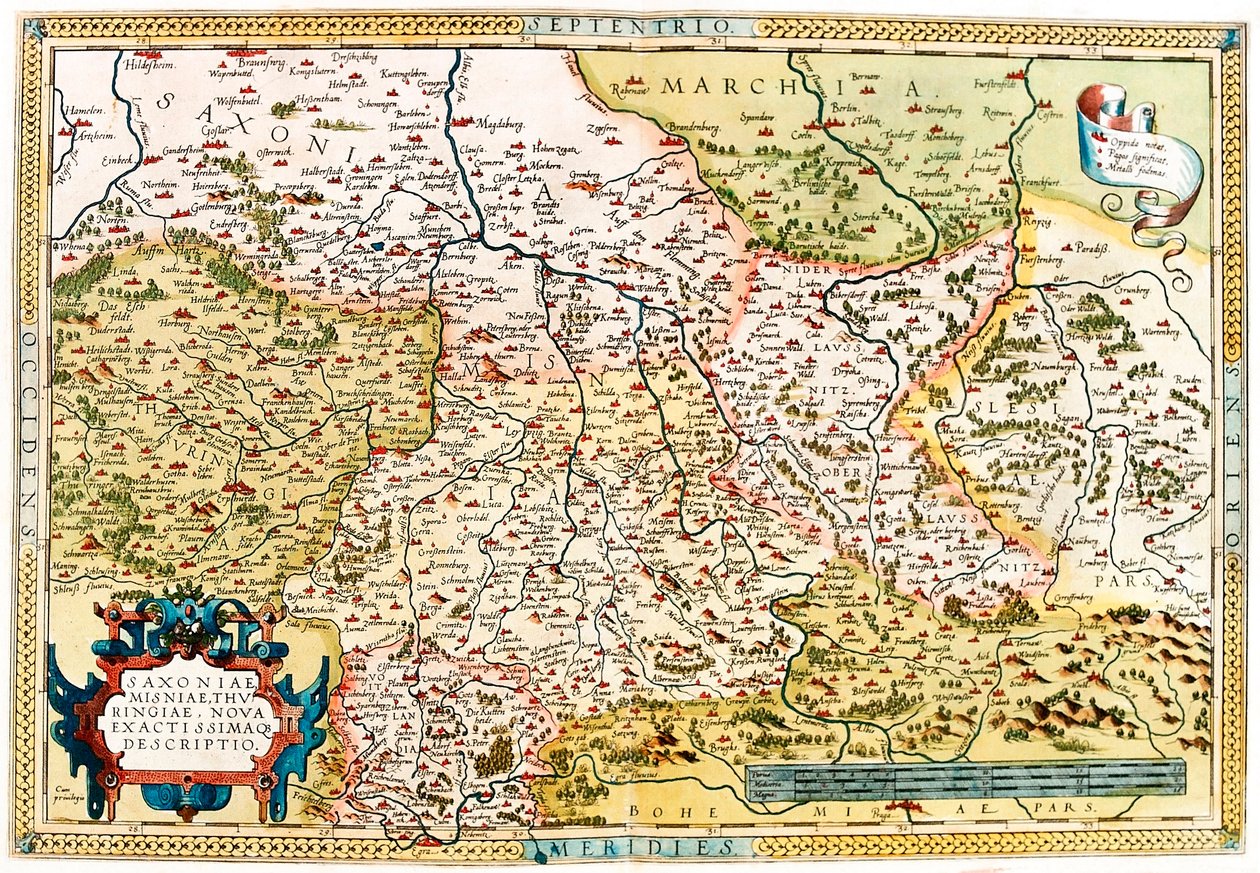 Saxoniae, Misniae, Thuringiae, Nova Accurssimaque Descriptio. Carte géographique du territoire de Saxe, Thuringe en Allemagne du "Theatrum Orbis Terrarum" par Abraham Ortelius (Oertel, Ortell ou Ortel) - Abraham Ortelius