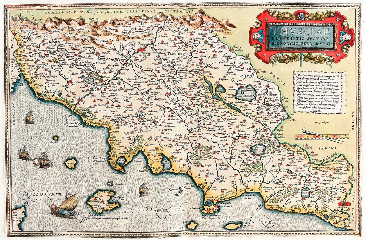 Thusciae. Descriptio auctore Hieronymo Bellamarto. Carte géographique du territoire de la Toscane en Italie du "Theatrum Orbis Terrarum" par Abraham Ortelius (Oertel, Ortell ou Ortel) - Abraham Ortelius