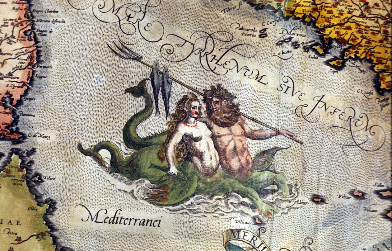 Triton et Sirène dans la mer Méditerranée. « Theatrum Orbis Terrarum » par Abraham Ortelius, Anvers 1584. - Abraham Ortelius