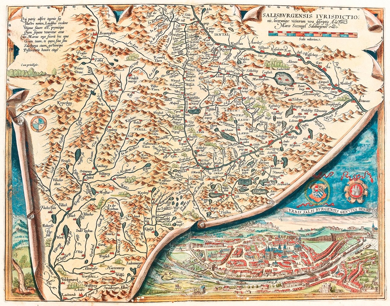 Urbis Salisburgensis genuina descriptio. Carte géographique du territoire de Salzbourg en Autriche du "Theatrum Orbis Terrarum" par Abraham Ortelius (Oertel, Ortell ou Ortel) - Abraham Ortelius