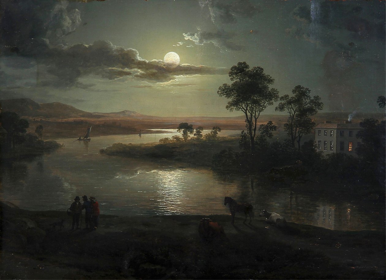 Scène de soirée avec pleine lune et personnes - Abraham Pether