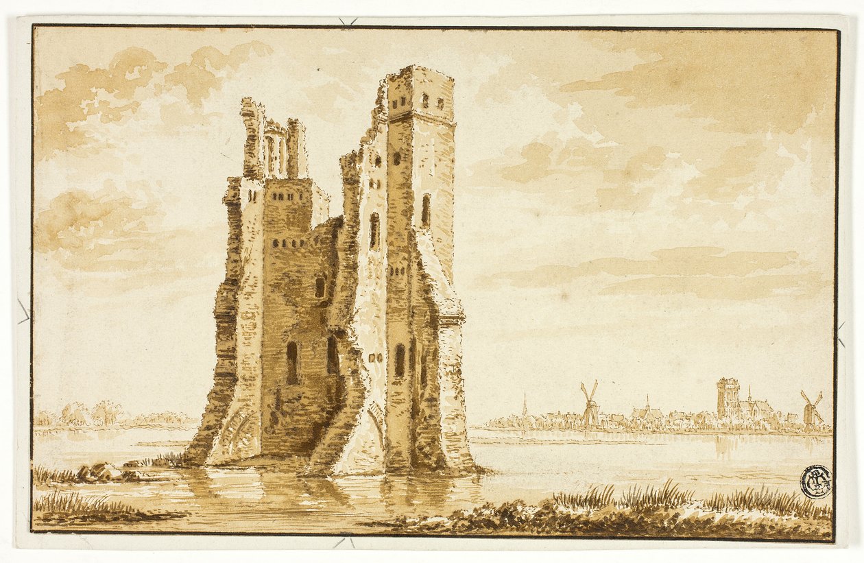 Ruines du manoir de Merwede vues de face avec Dordrecht en arrière-plan - Abraham Rademaker