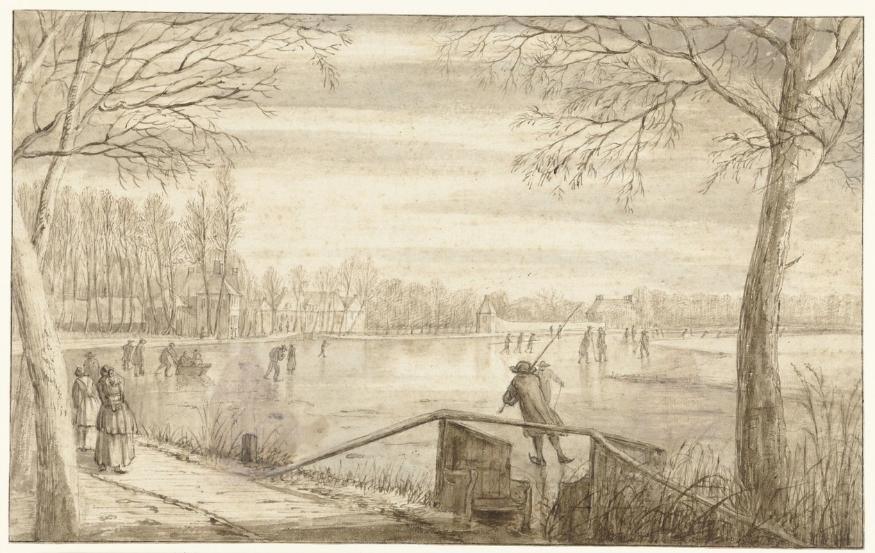 Patineurs sur la rivière Vecht, près de Maarssen, avec les domaines de Daelwijck et Vechthoven au loin - Abraham Rutgers