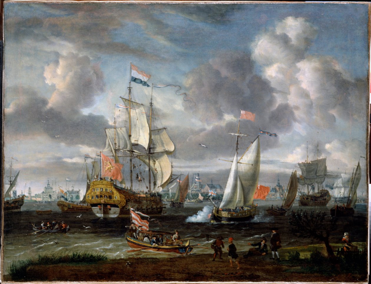 Un yacht anglais saluant un navire de guerre néerlandais dans le port de Rotterdam  - Abraham Storck