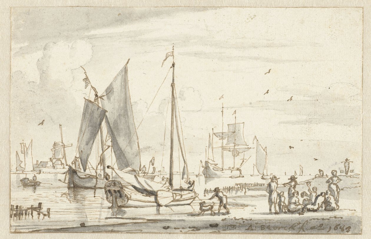 Rive de rivière avec quelques bateaux - Abraham Storck