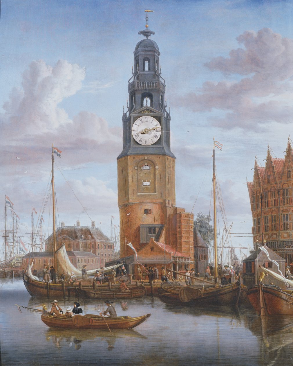 Vue de la tour Haringspacker à Amsterdam, avec une horloge fonctionnelle intégrée dans la peinture, 1684 - Abraham Storck