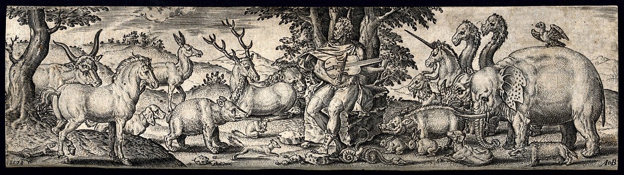 Orphée assis sur une pierre, tenant un instrument à cordes et charmant les animaux par la musique. Gravure par A. de Bruyn. - Abraham de Bruyn