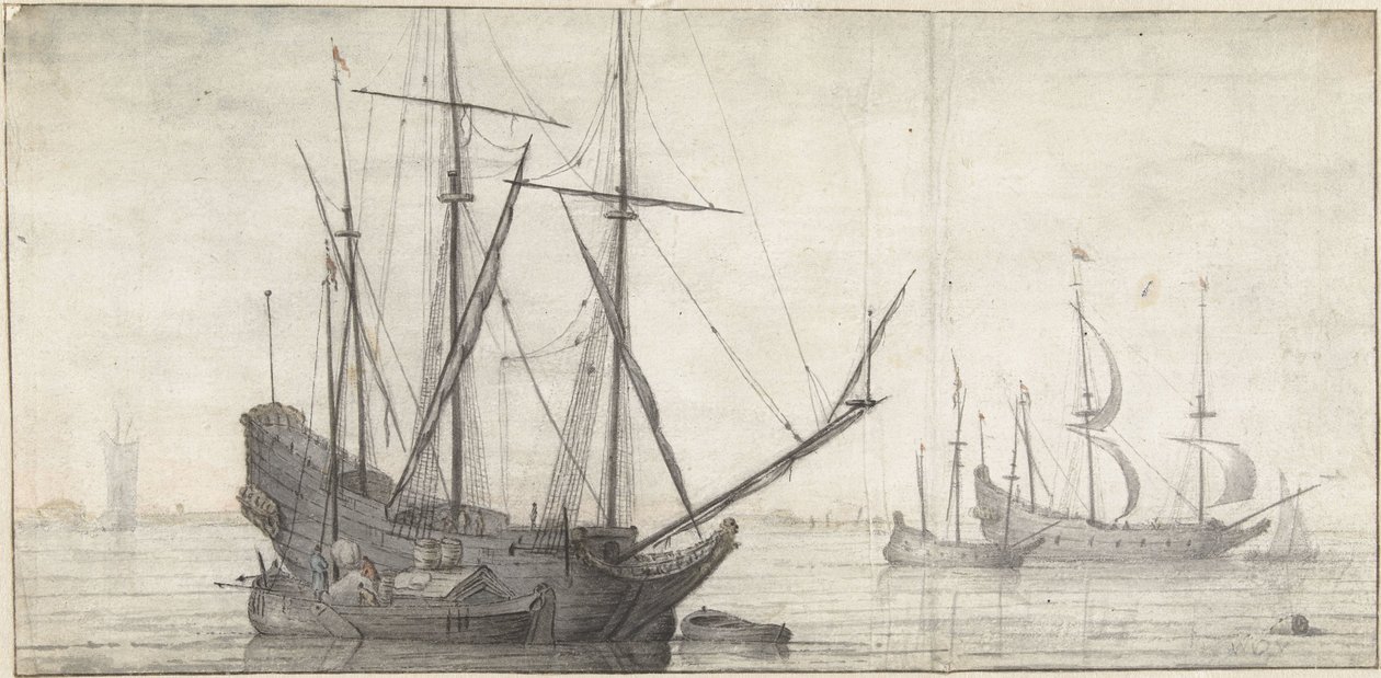 Voiliers sur des eaux calmes près de la côte - Abraham de Verwer (possibly)