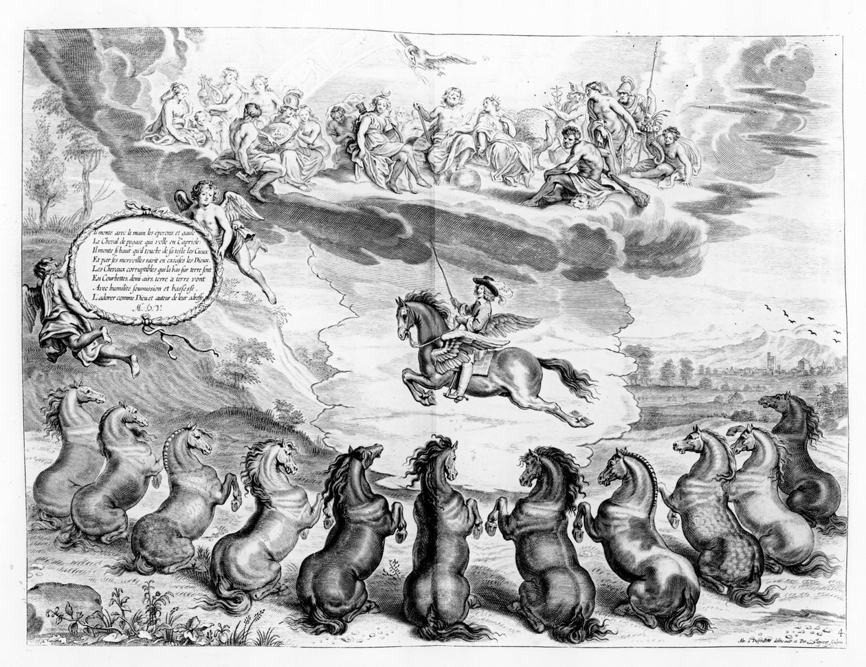 Le marquis de Newcastle chevauchant Pégase devant une assemblée des dieux grecs et recevant les saluts des chevaux terrestres, illustration d