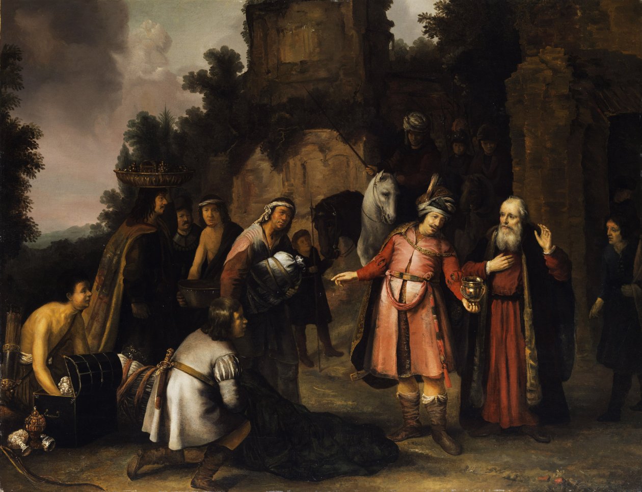 French : Le prophète Élisée rejette les dons de Naaman (2 Rois 5). Elisée décline les présents de Naaman - Abraham van Dijck