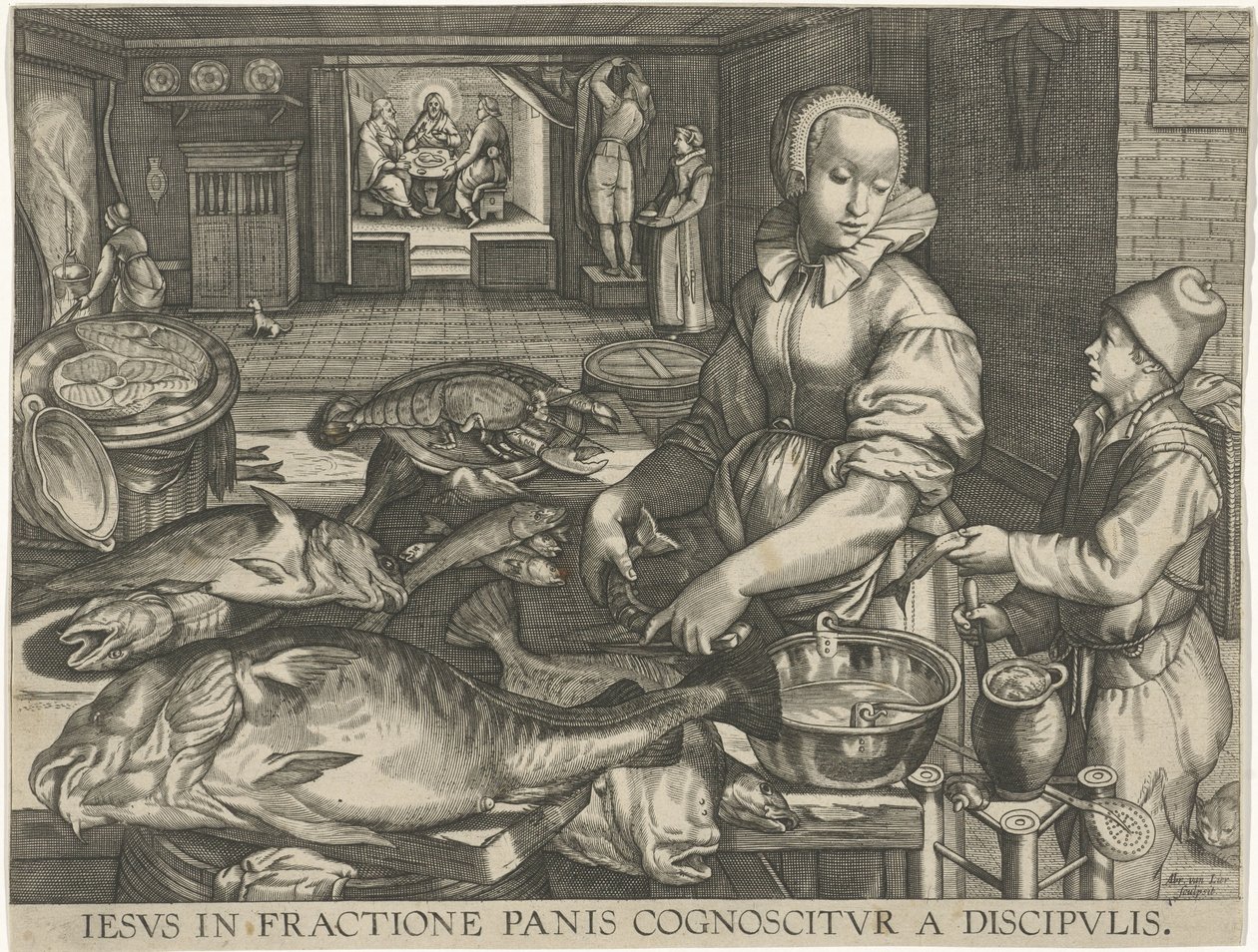 Nature morte de cuisine avec une femme nettoyant du poisson - Abraham van Lier
