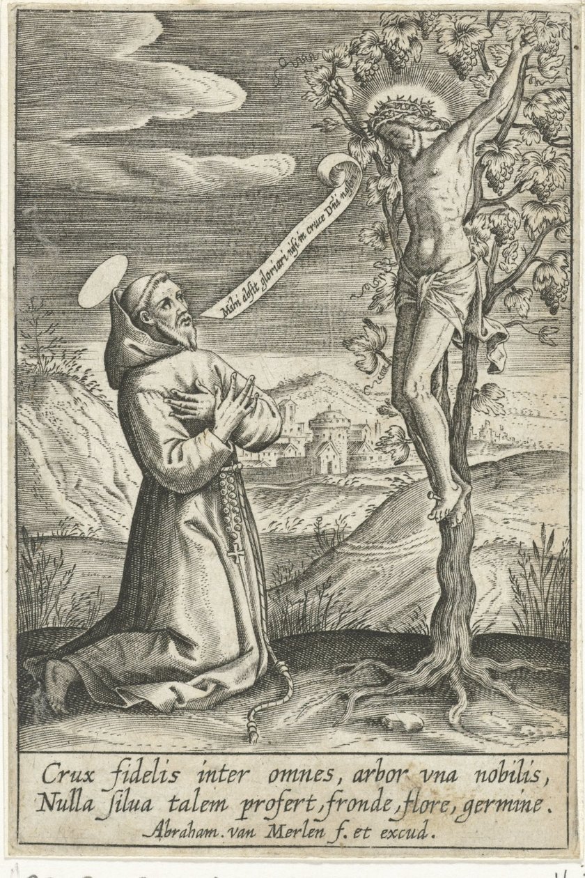 Saint agenouillé devant le Christ en croix - Abraham van Merlen
