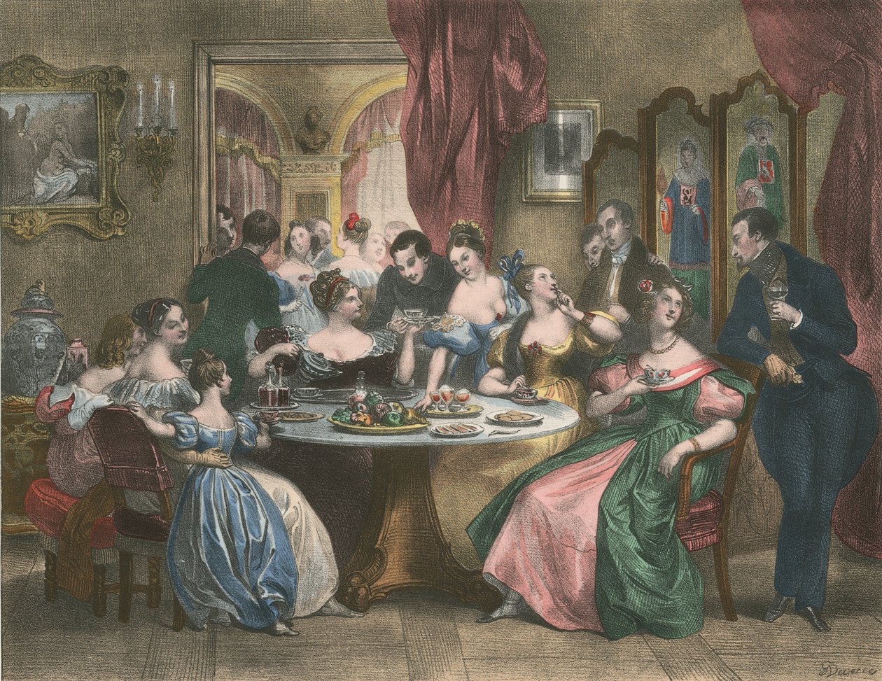 Le The, The Tea Party (lithographie couleur) - Achille (after) Deveria