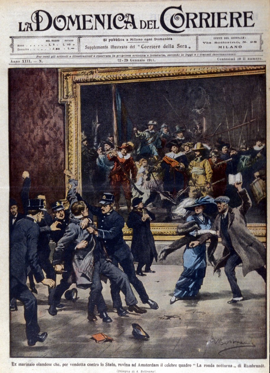 Un ancien marin néerlandais a tenté de saccager le célèbre tableau de Rembrandt, « La Ronde de nuit ». Couverture de « La Domenica del corriere », ill. de Beltrame, 01/1911 - Achille Beltrame