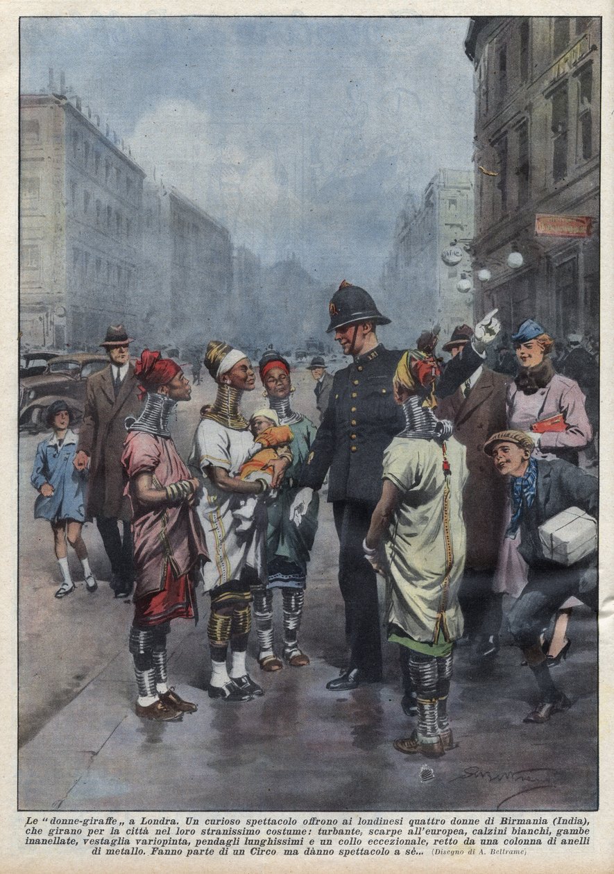 Un groupe de femmes-girafes de Birmanie demandent leur chemin à un policier anglais à Londres, elles sont vêtues de turban, tunique, anneaux autour du cou et des jambes. Illustration d