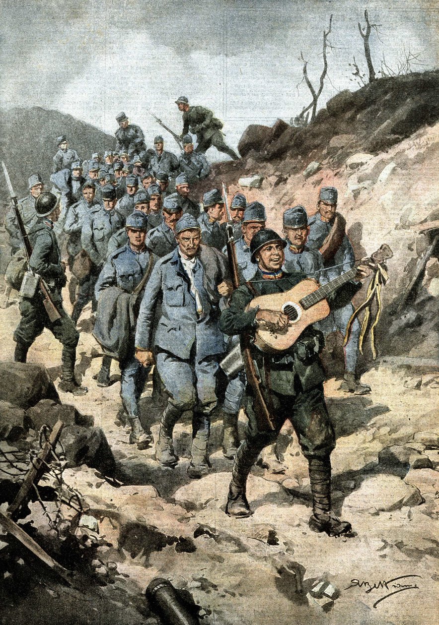 Un héros heureux. Après avoir capturé quarante Autrichiens et une guitare dans une grotte, le soldat Buoncompagni a marché à la tête du groupe de prisonniers en chantant. Ill. de Beltrame. La Domenica del Corriere. 10/1917 - Achille Beltrame