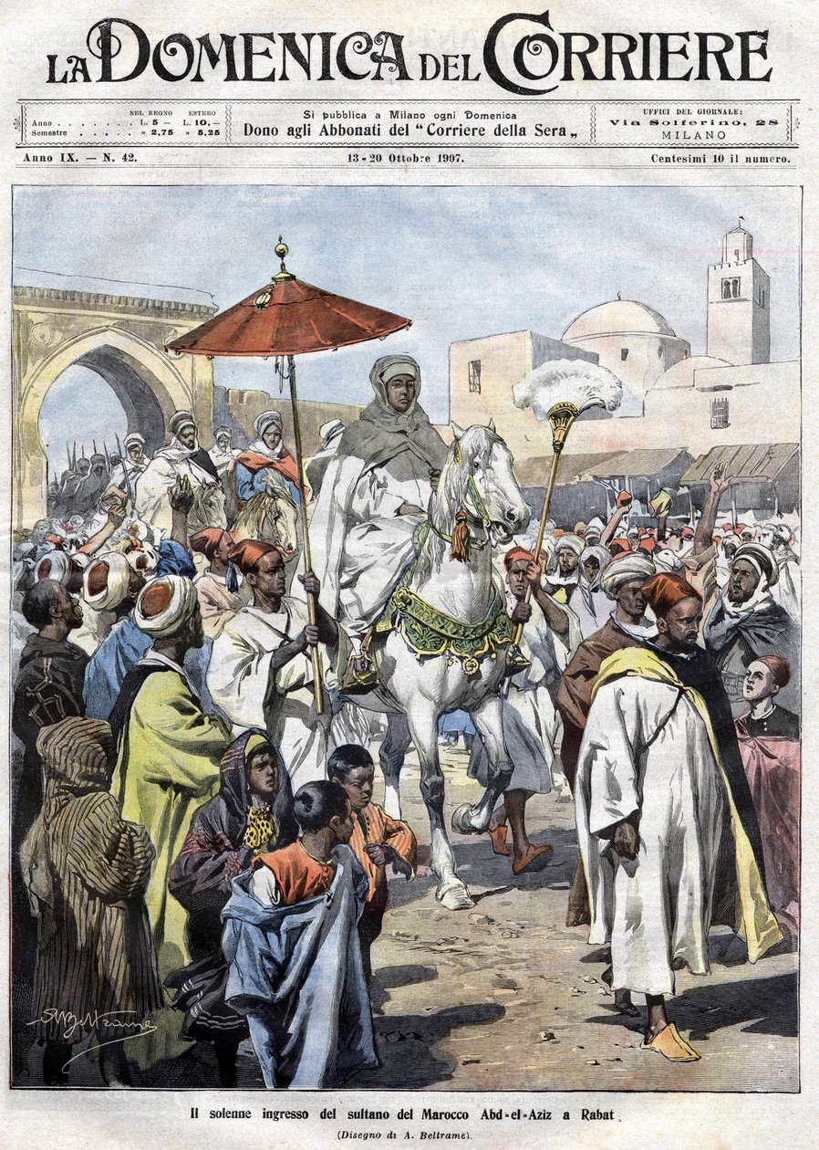 Abd al-Aziz (al-Hasan Mohamed al-Hasani al-Alaoui) entrant à Rabat au Maroc en octobre 1907 - Achille Beltrame