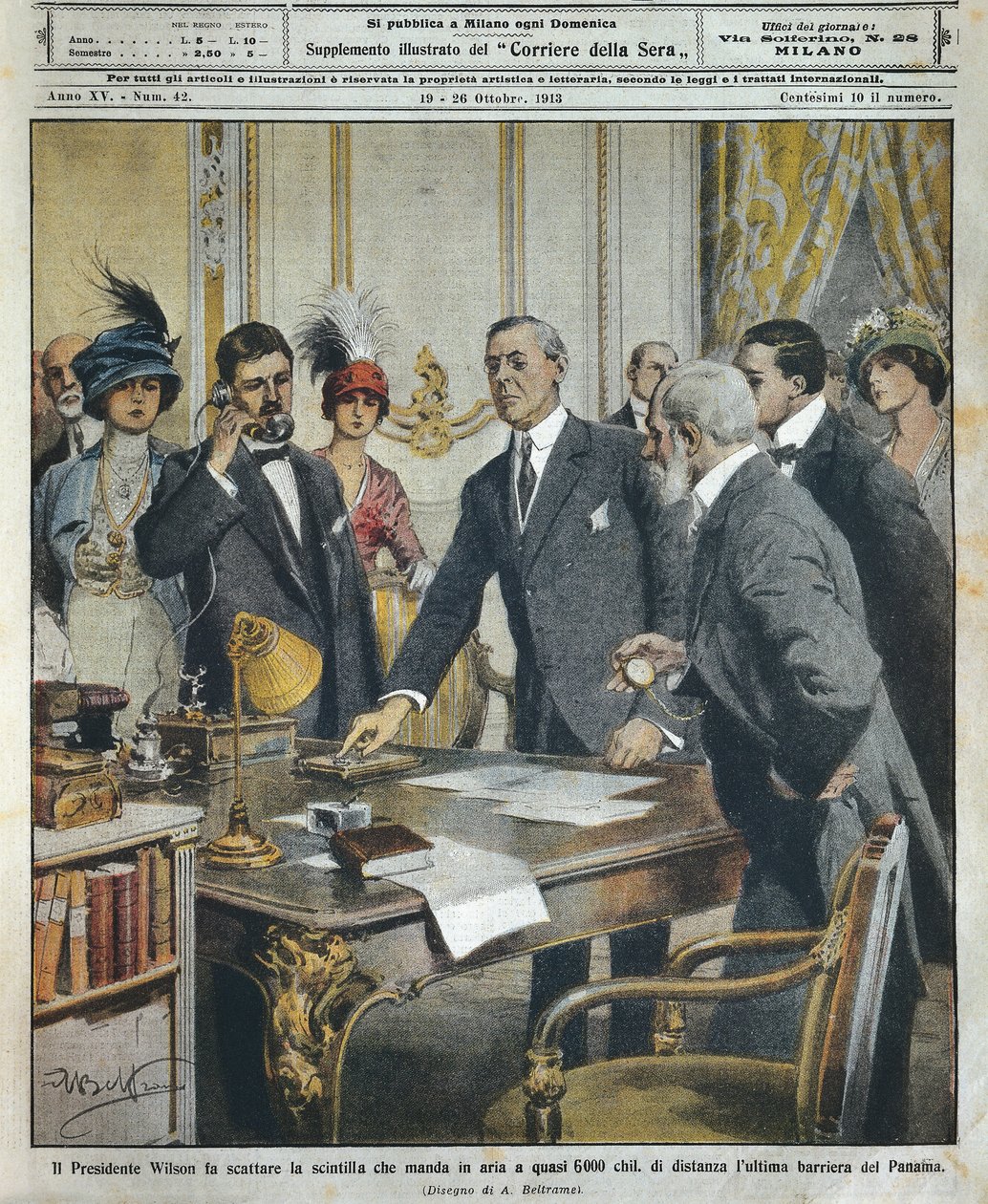 Le président américain Woodrow Wilson déclenche la détonation télégraphiquement qui a démoli la dernière barrière du canal de Panama à 6000 kilomètres de distance, illustration - Achille Beltrame