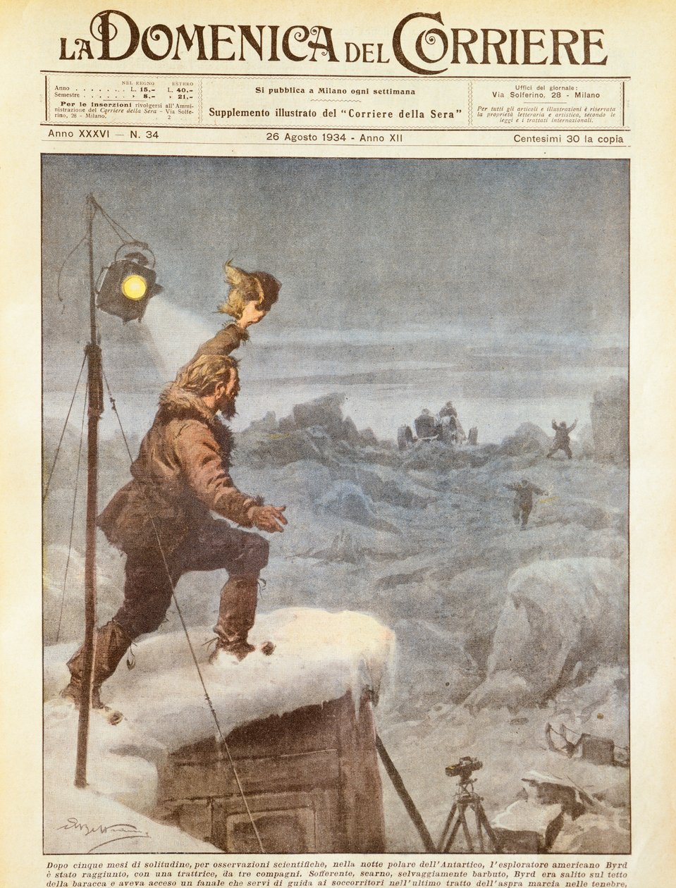 Explorateur américain, Richard E Byrd, rejoint par des compagnons en Antarctique après avoir été seul pendant cinq mois, illustration d
