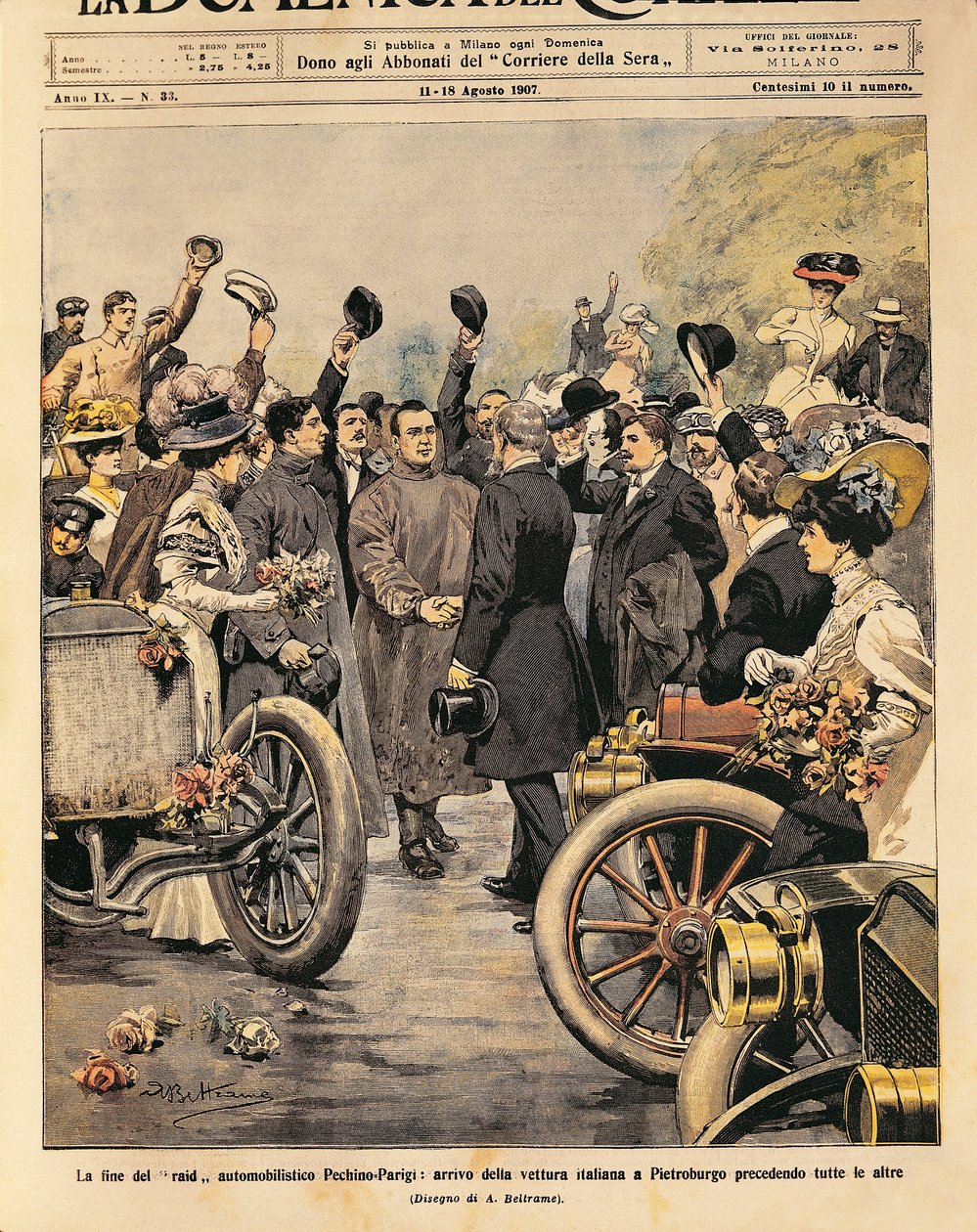 Arrivée à Saint-Pétersbourg de la voiture italienne gagnante (Itala 35/45 HP conduite par Scipione Borghese et Ettore Guizzardi), fin de la course automobile Paris-Pékin, illustration par Achille Beltrame de La Domenica del Corriere, 11-18 août - Achille Beltrame