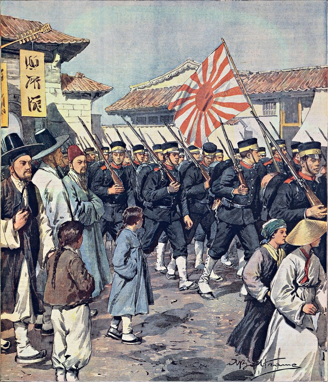 Arrivée des troupes japonaises en Corée, illustration de Achille Beltrame, de La Domenica del Corriere, 21 février - Achille Beltrame