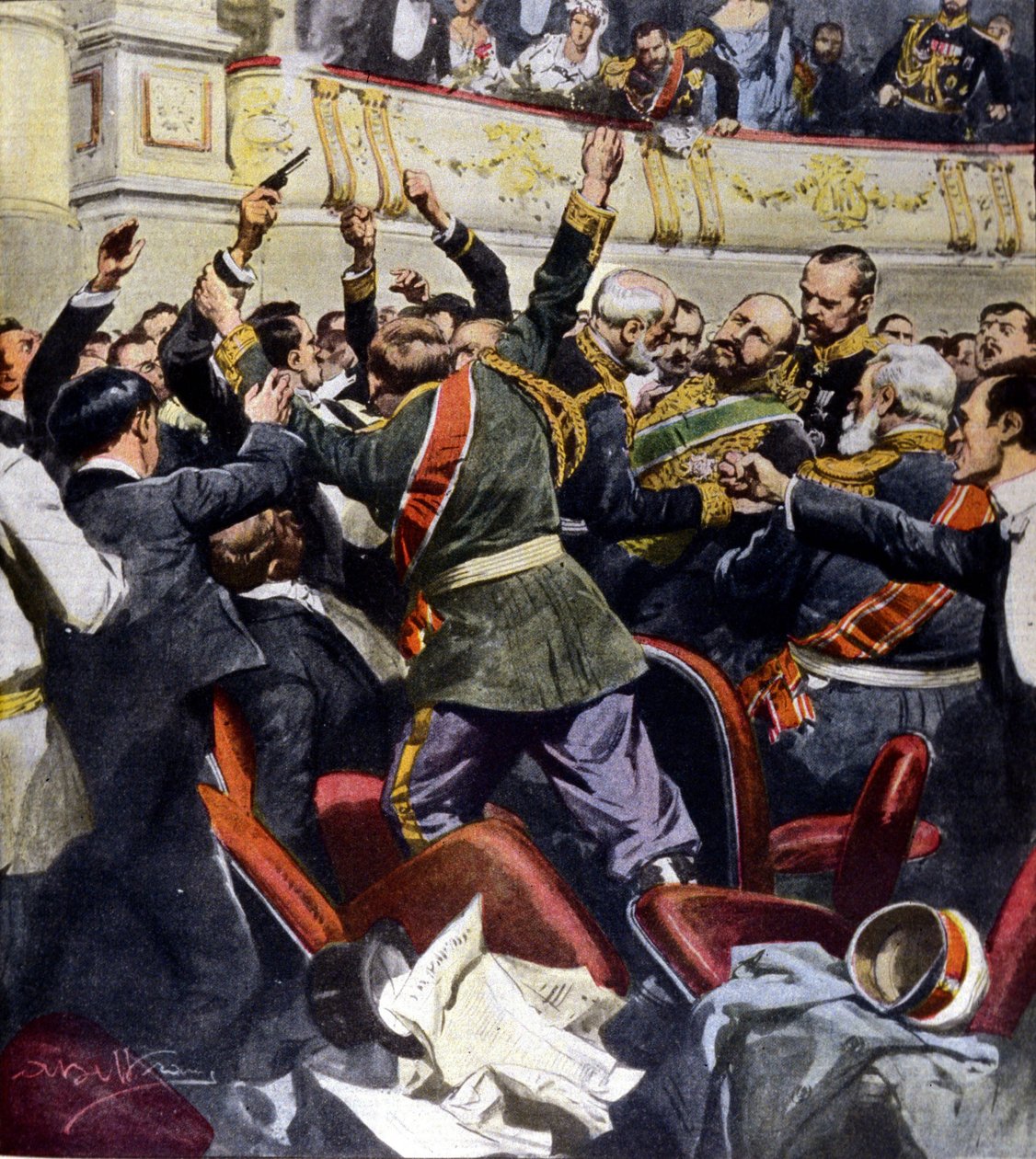 Attentat contre le ministre russe Stolypine au théâtre municipal de Kiev. Illustration de Beltrame - Achille Beltrame