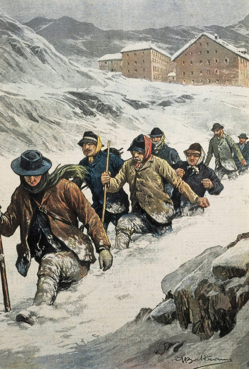Travailleurs italiens traversant le col du Grand-Saint-Bernard entre Aoste et la Suisse. Couverture de « La Domenica del Corriere ». 14/02/1904 - Achille Beltrame