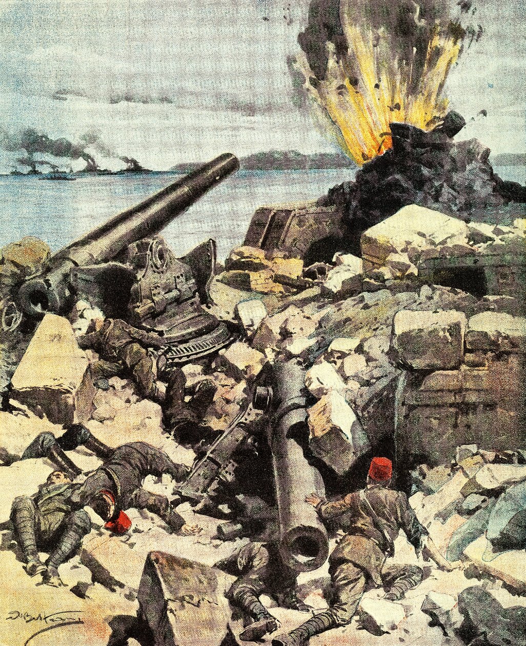 Bataille des Dardanelles, la flotte anglo-française détruit les forts des Dardanelles pour franchir le détroit et arriver à Constantinople, illustration de La Domenica del Corriere, 14-21 mars - Achille Beltrame