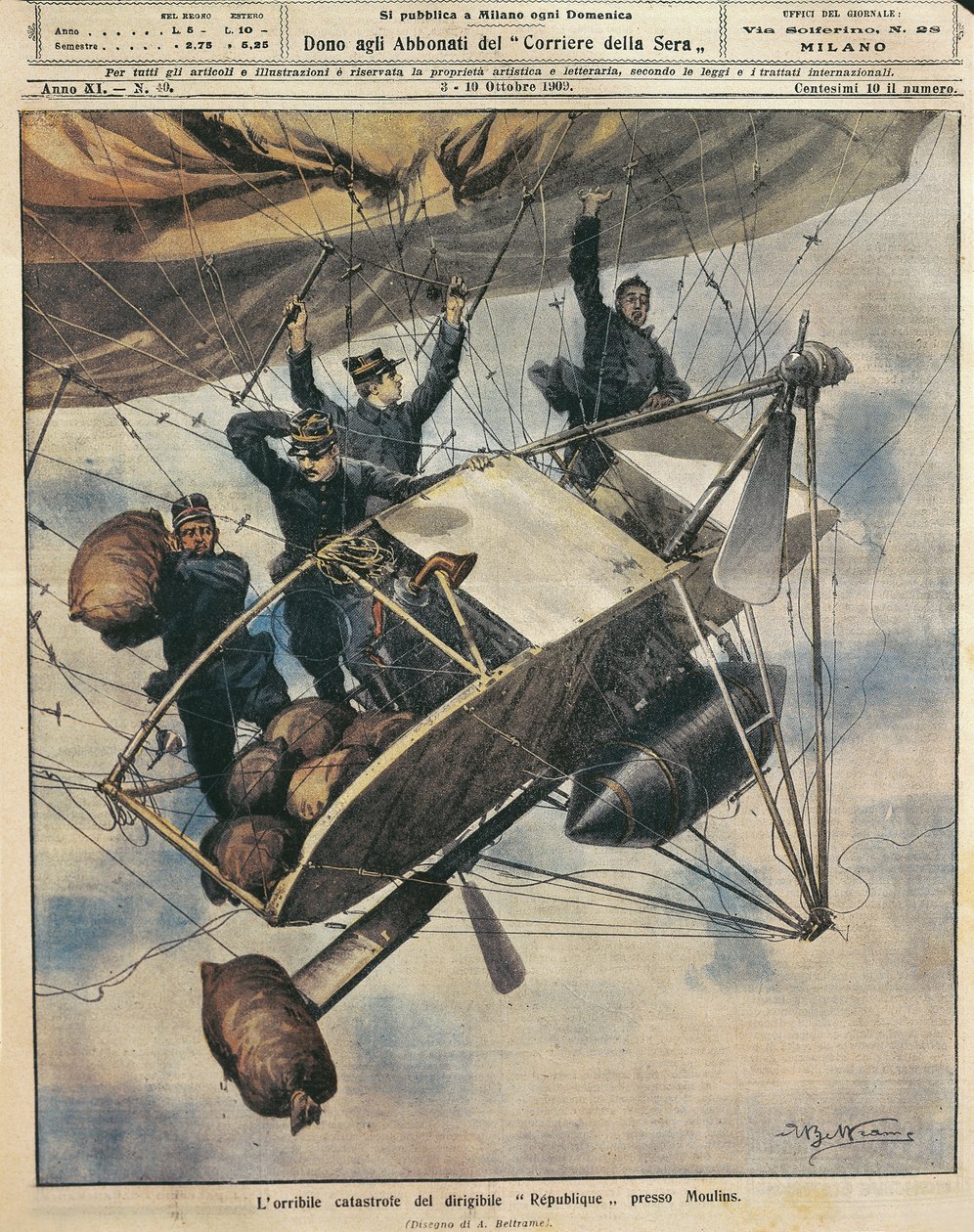 Catastrophe du dirigeable République près de Moulins, France, illustration par Achille Beltrame de La Domenica del Corriere, 3-10 octobre - Achille Beltrame