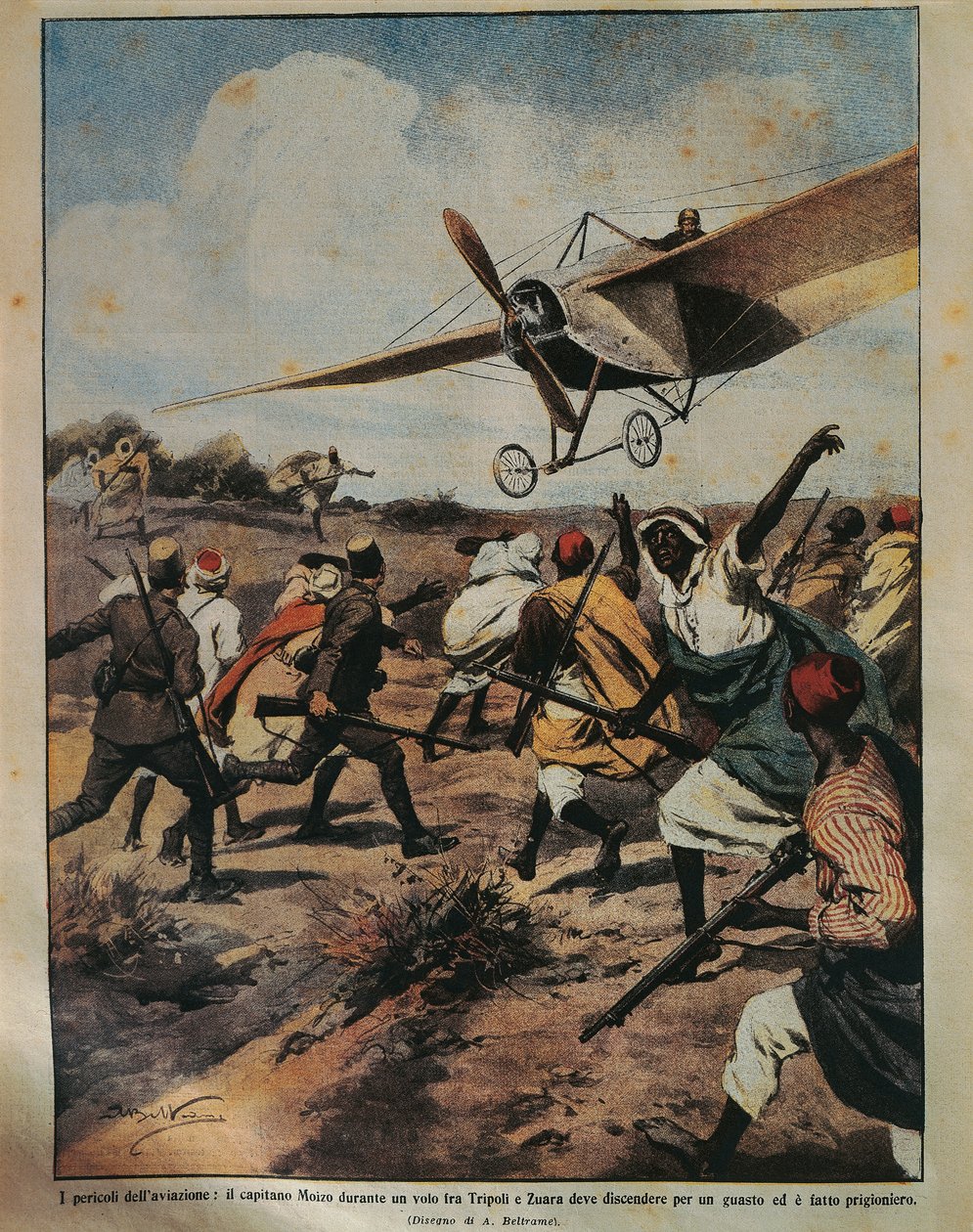 Illustration de couverture du capitaine Moizo tentant un atterrissage forcé pendant la campagne africaine, par Achille Beltrame, de La Domenica del Corriere, 22 septembre 1912 - Achille Beltrame