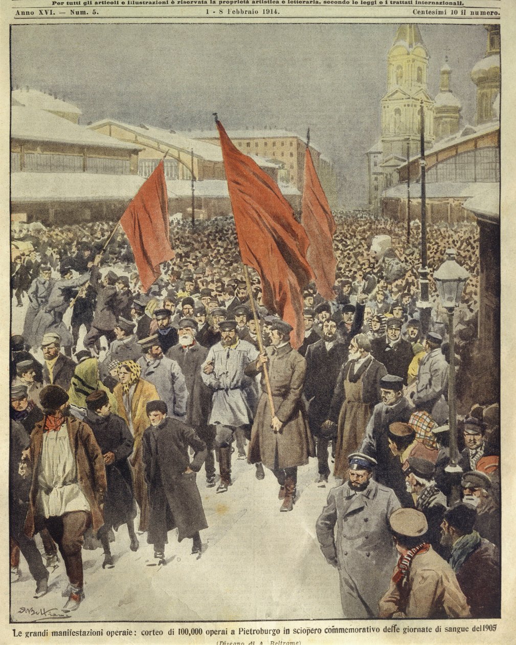 Illustration de couverture de cent mille travailleurs marchant pour commémorer le Dimanche sanglant de 1905 ; Saint-Pétersbourg, Russie - Achille Beltrame