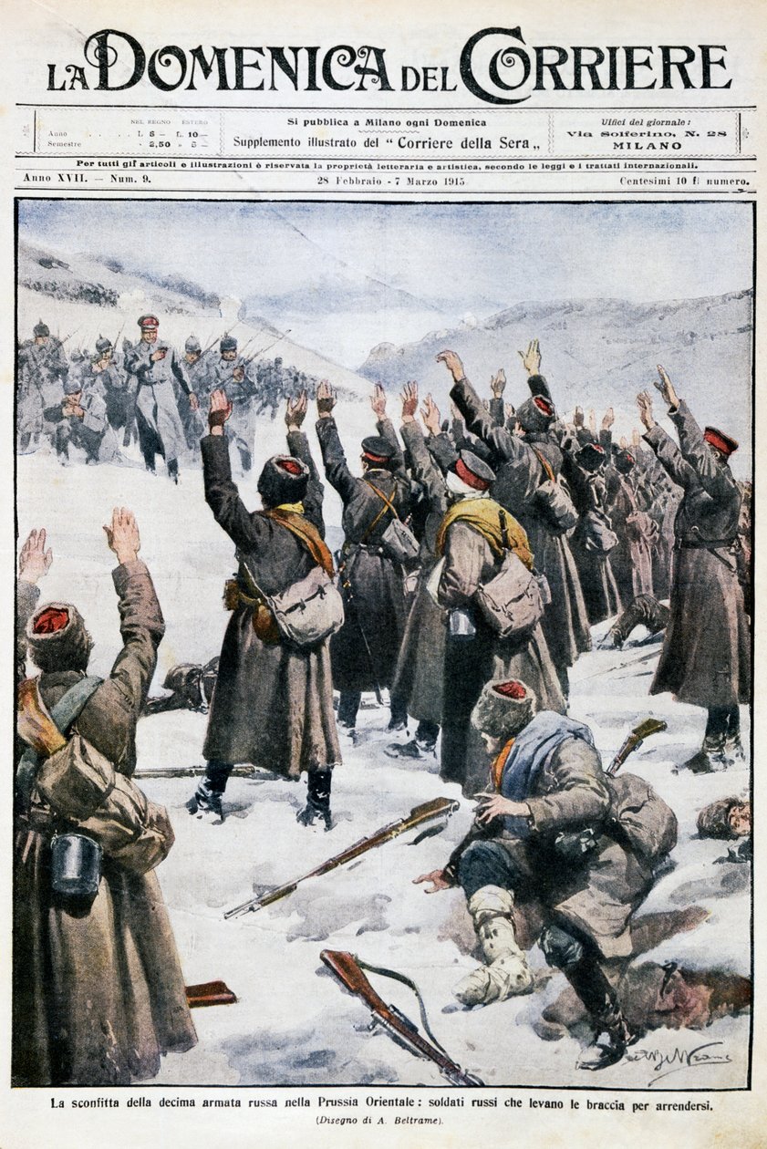 Défaite de la dixième armée russe en Prusse orientale : soldats russes levant les bras en signe de reddition, planche par Achille Beltrame de La Domenica del Corriere, 28 février-7 mars 1915 - Achille Beltrame