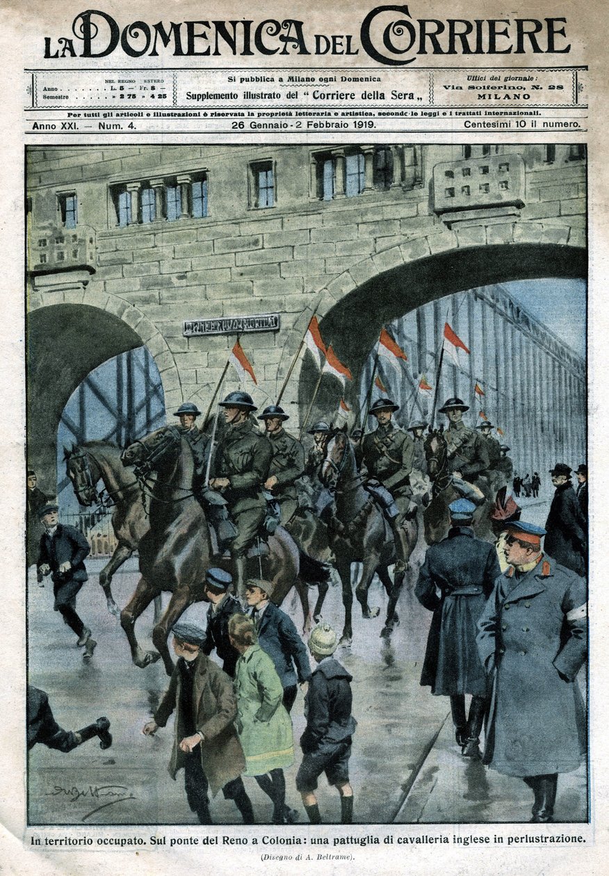 Présence anglaise en Allemagne : troupes militaires sur un pont du Rhin à Cologne. Illustration de Beltrame. La Domenica del Corriere. 01/1919 - Achille Beltrame