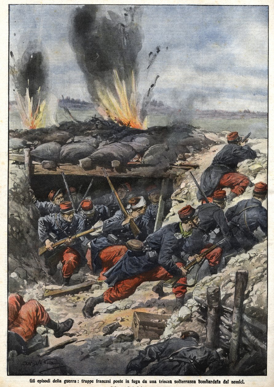 Épisode de la guerre de 1914 : Les troupes françaises dans les tranchées sont bombardées par les ennemis. « La Domenica del Corriere » - Achille Beltrame