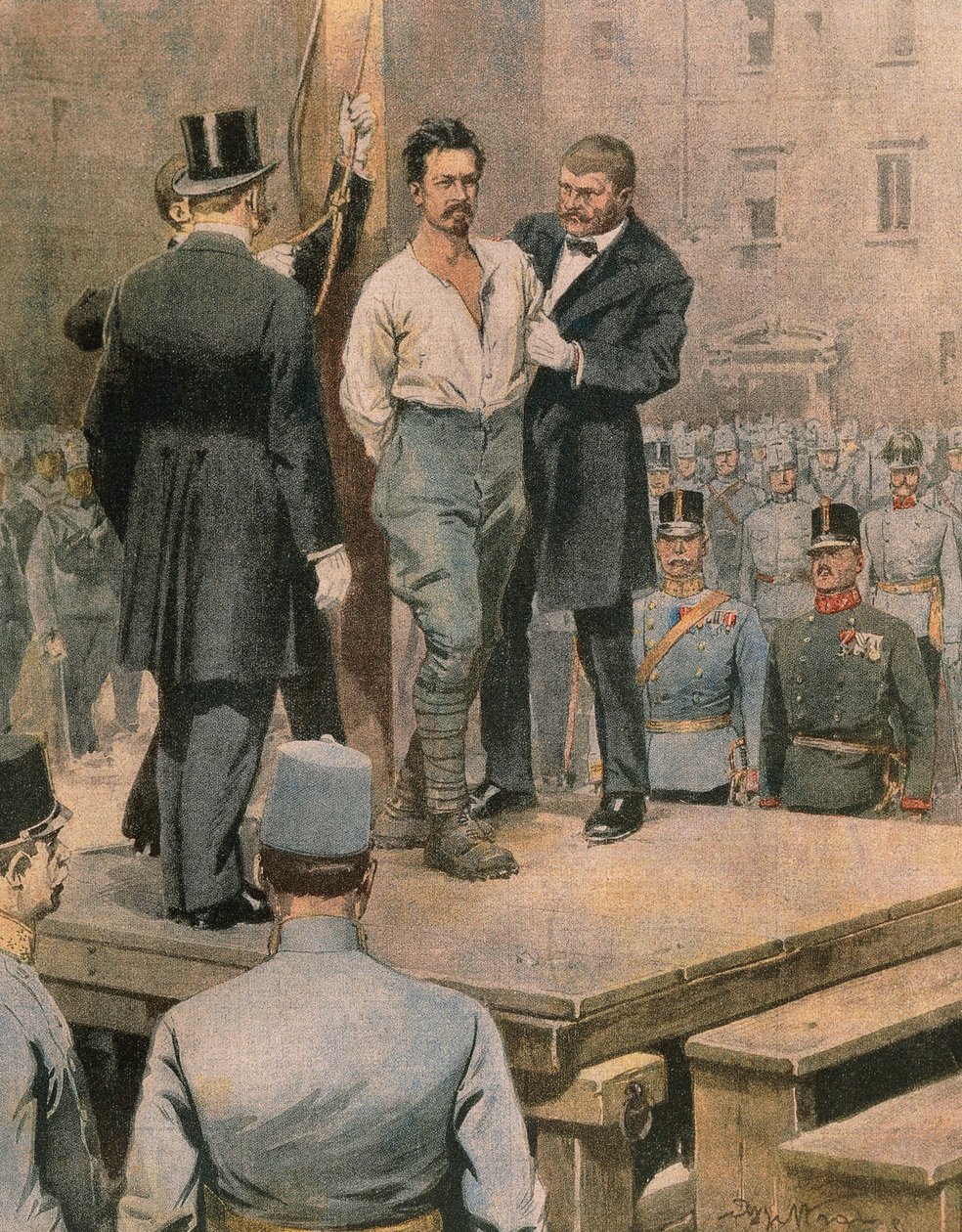 Exécution de Cesare Battisti à Trente, par Achille Beltrame, illustration, de La Domenica del Corriere, juillet 1916 - Achille Beltrame